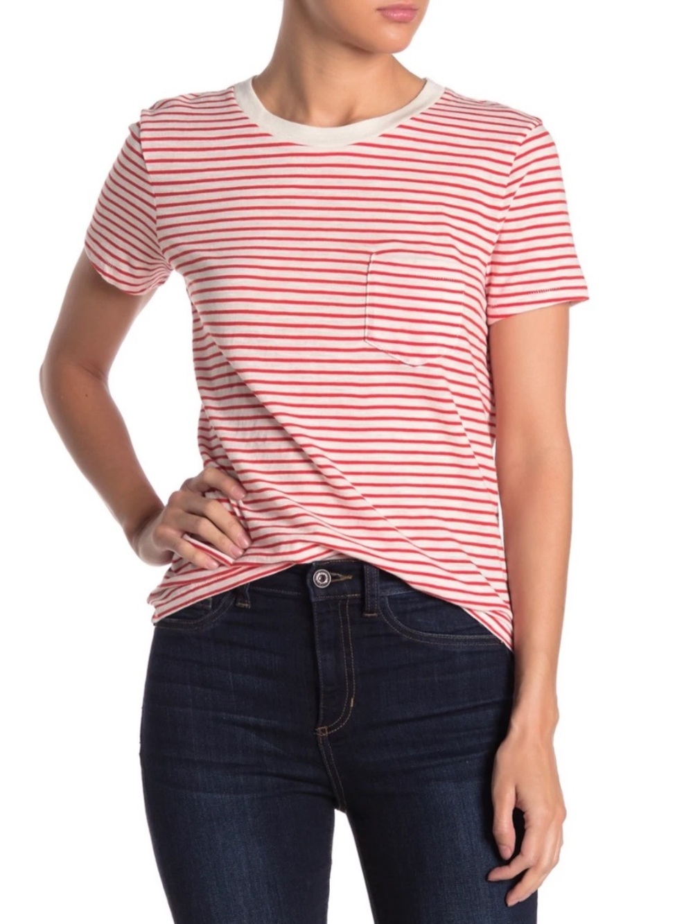 Madewell Red and White Short Sleeve Cotton Crew Neck Brandy Pocket Tee Top